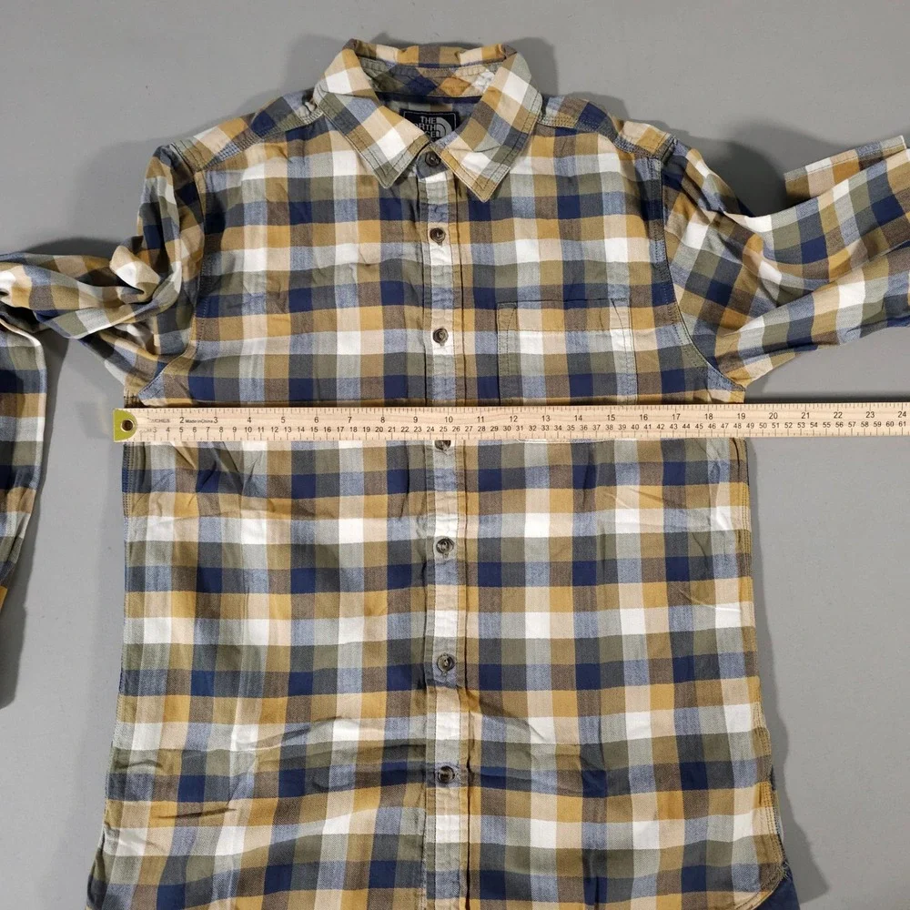 The North Face Button Down Mens S Blue Tan Plaid Cotton Long Sleeve Flannel